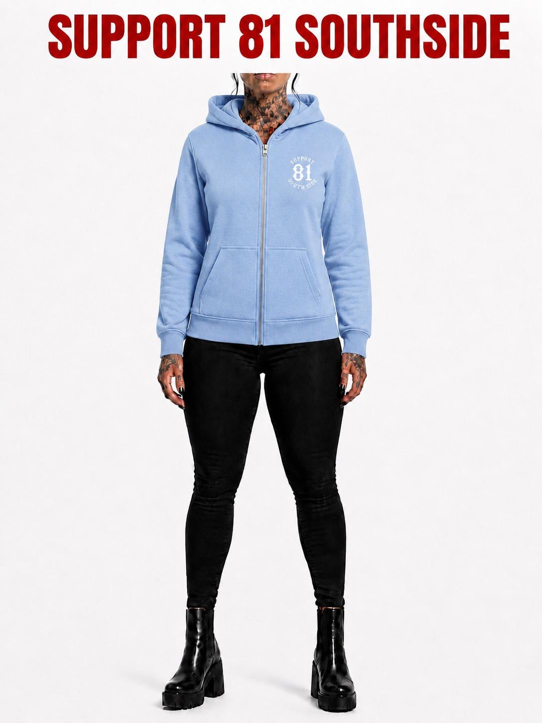 Ladies Zip-Hoodie "Support South Side 81" - hellblau, weisser Print