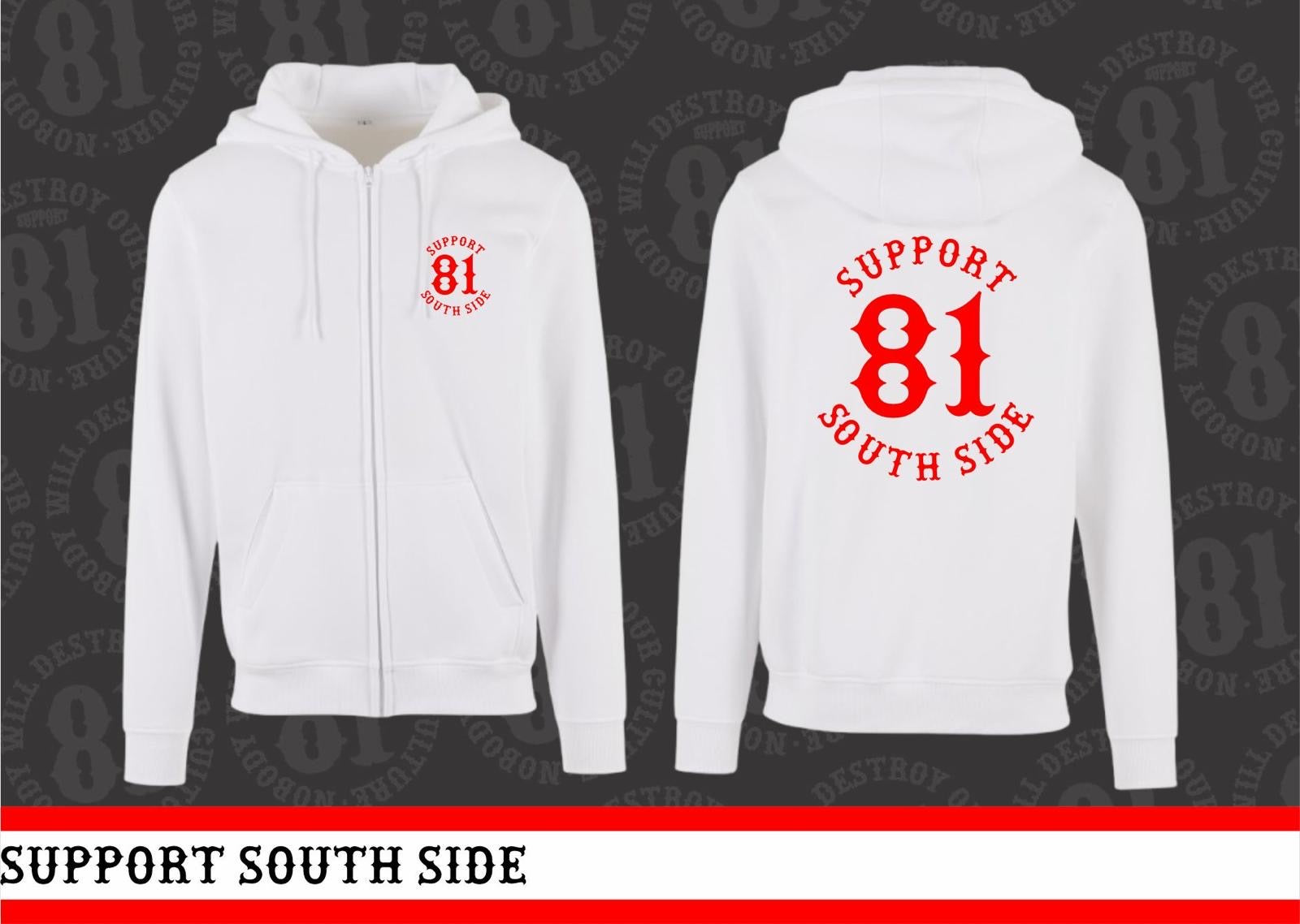 Zip-Hoodie "Support South Side 81" - weiss, roter Print