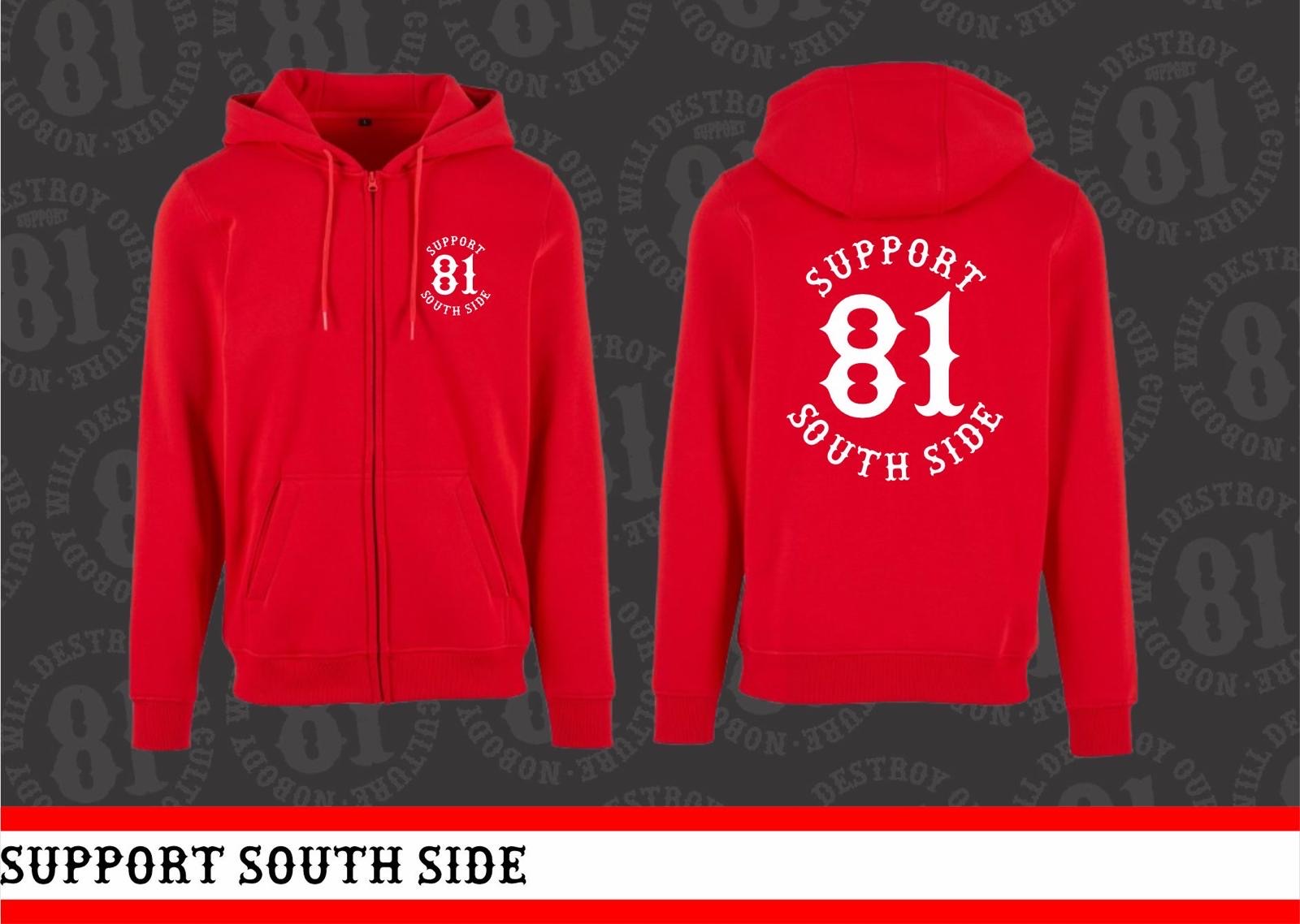 Zip-Hoodie "Support South Side 81" - rot, weisser Print