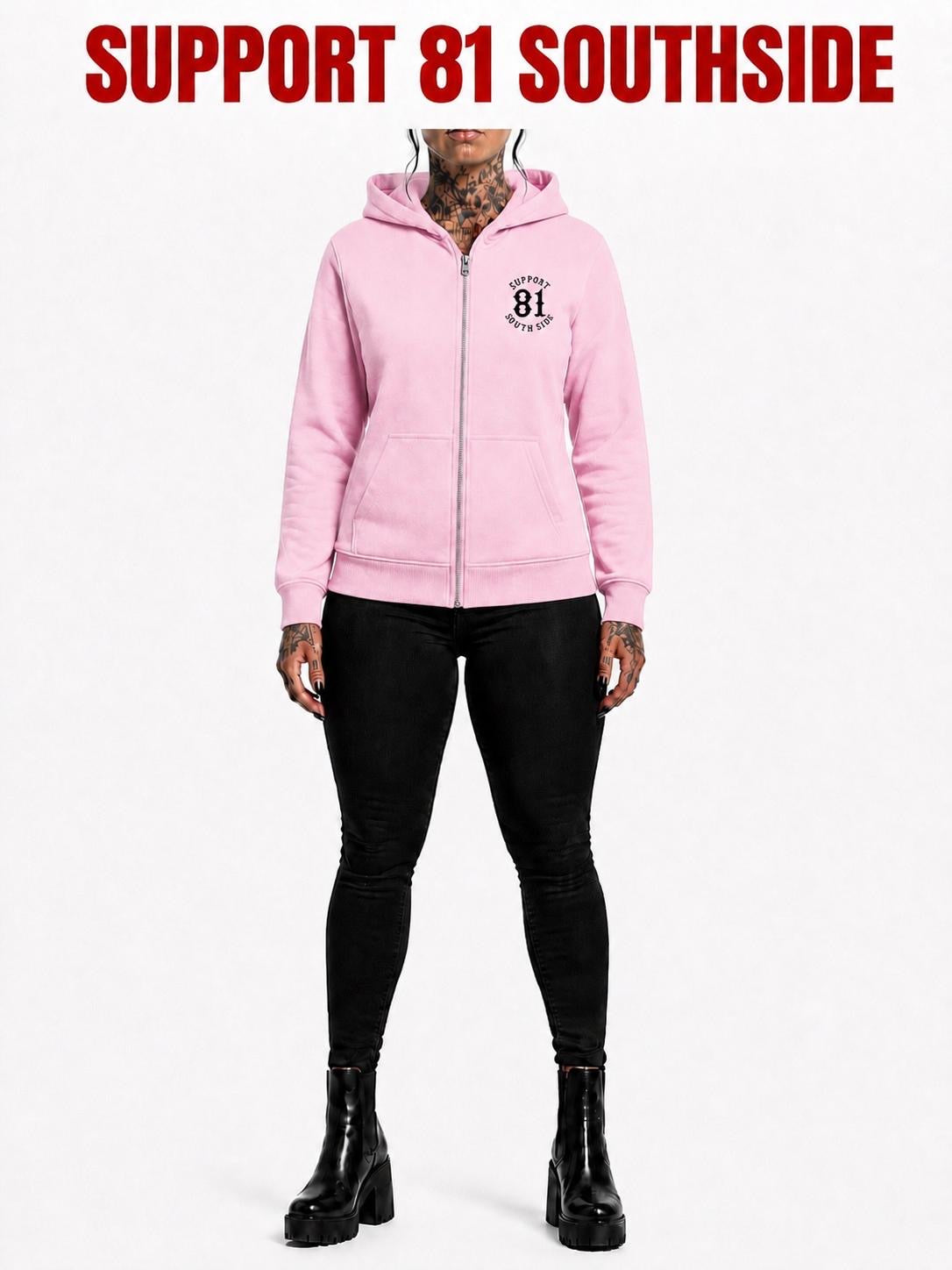 Ladies Zip-Hoodie "Support South Side 81" - rosa, schwarzer Print