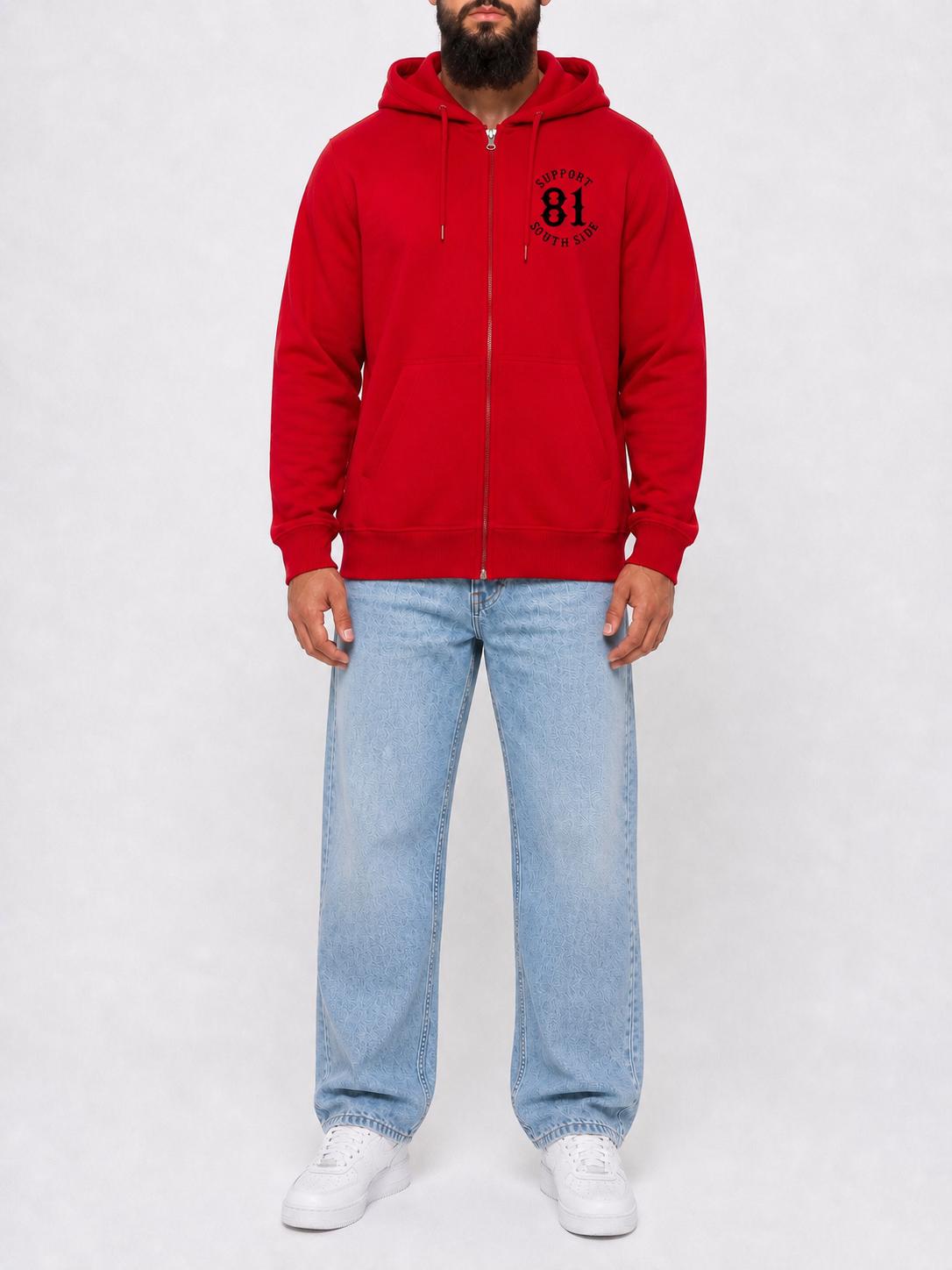 Zip-Hoodie "Support South Side 81" - rot, schwarzer Print