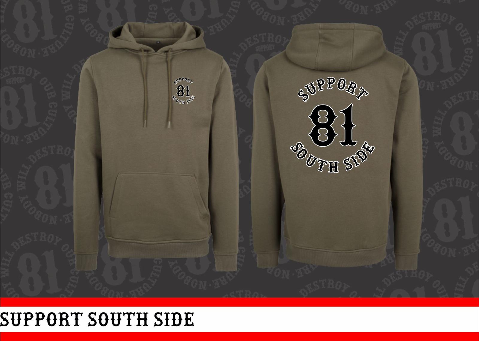 Neu - Hoodie "Support South Side 81" - khaki, schwarz-weisser Print