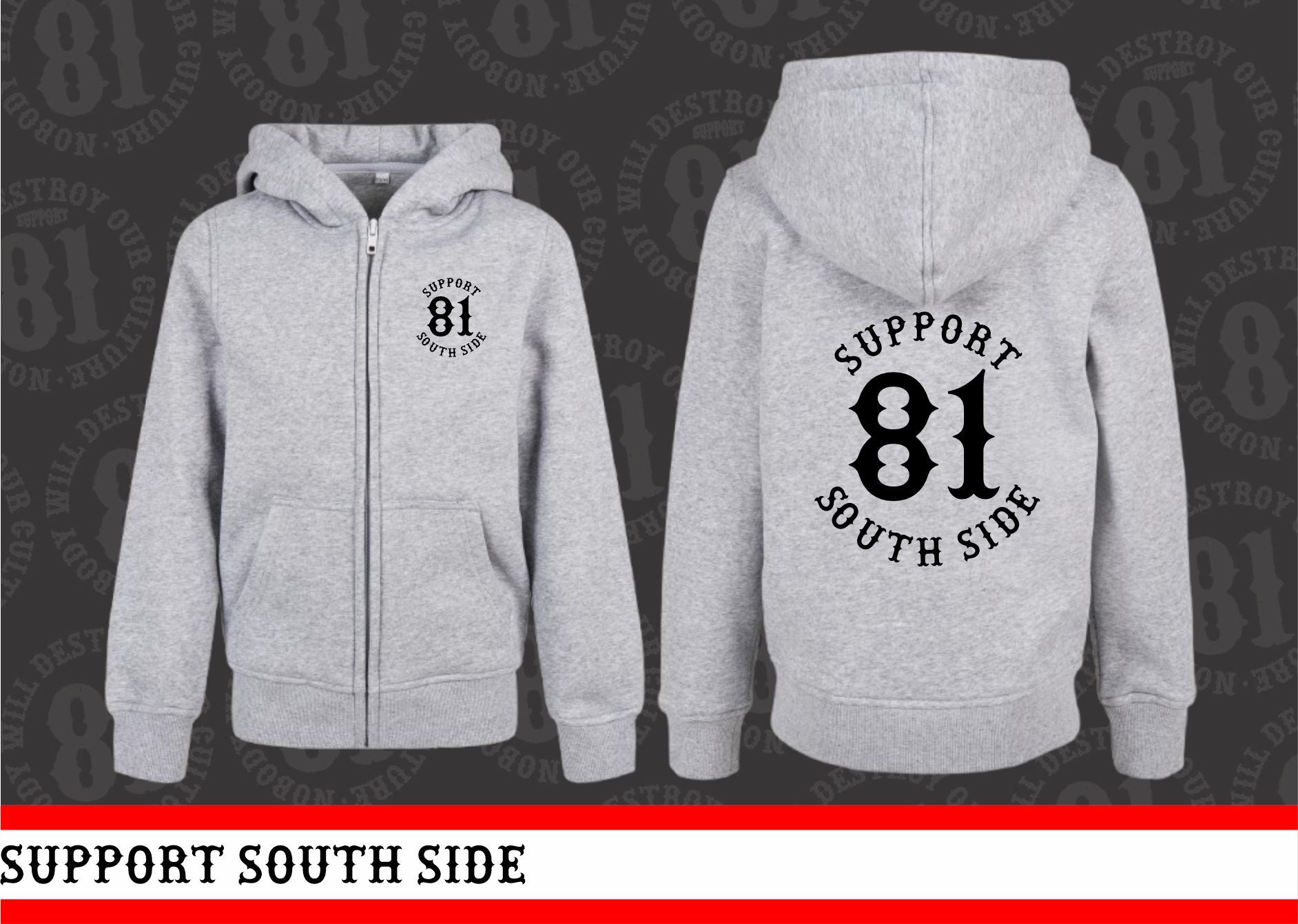 Kids Zip-Hoodie "Support South Side 81" - grau, schwarzer Print