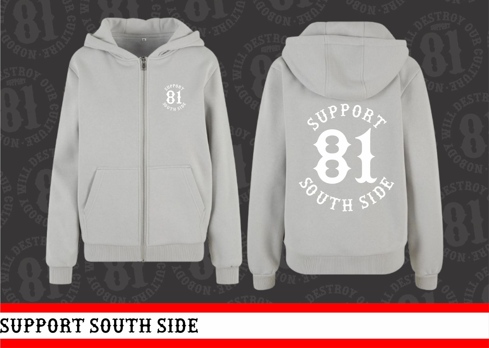 Ladies Zip-Hoodie "Support South Side 81" - grau, weisser Print