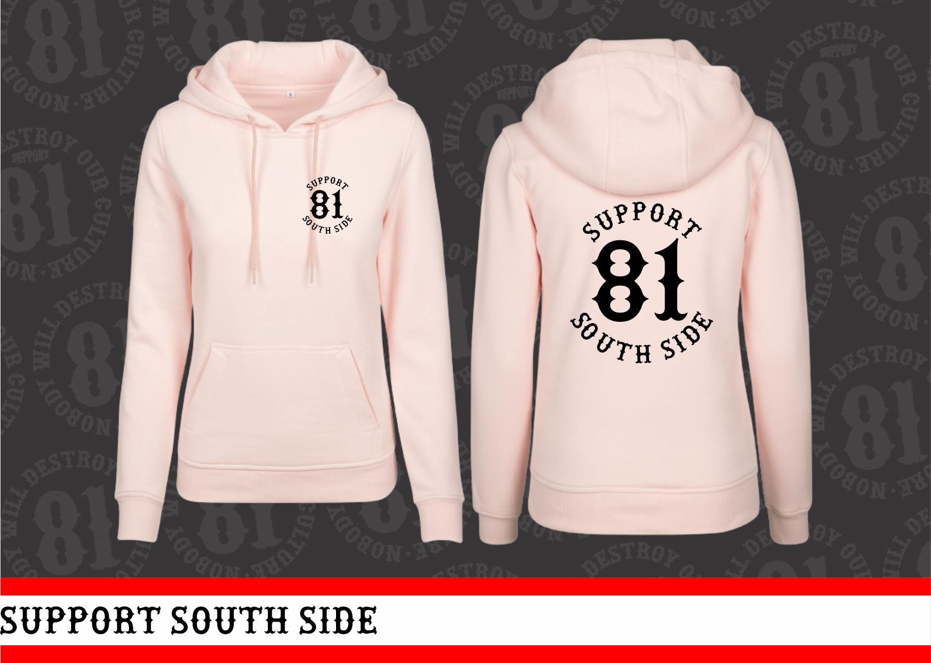 Ladies Hoodie "Support South Side 81" - rosa, schwarzer Print