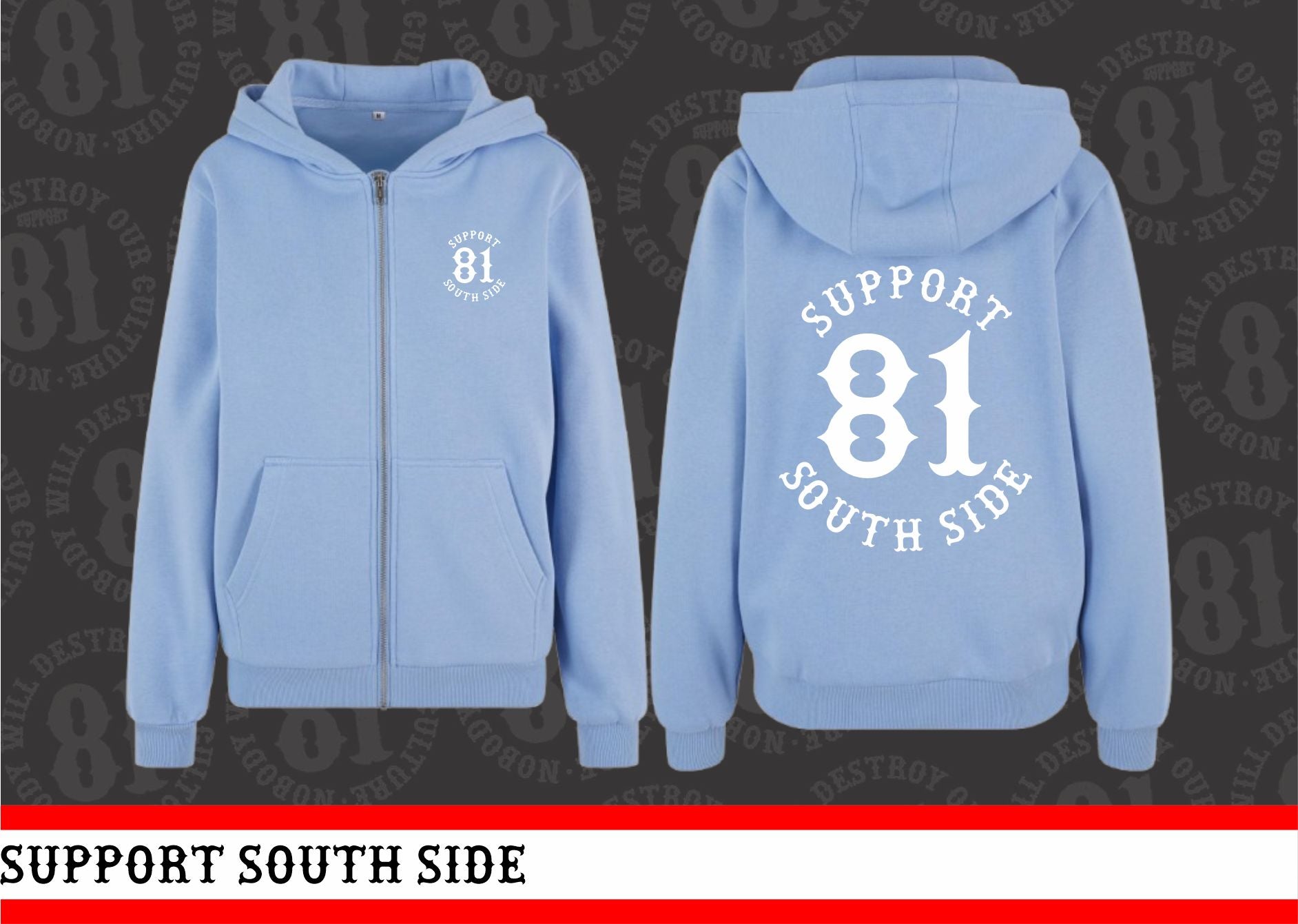 Ladies Zip-Hoodie "Support South Side 81" - hellblau, weisser Print