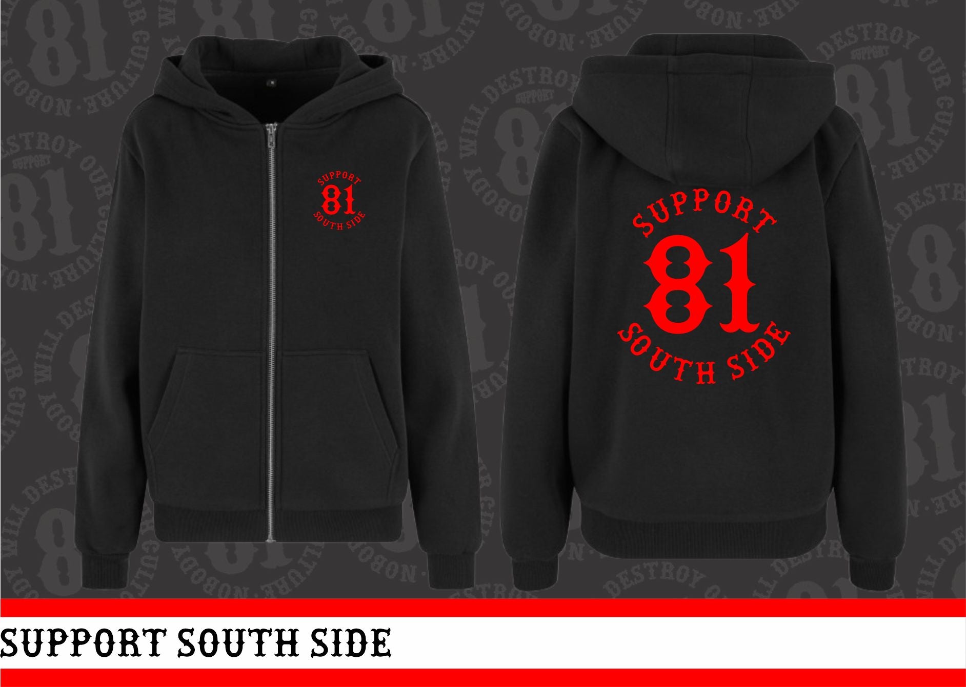 Ladies Zip-Hoodie "Support South Side 81" - schwarz, roter Print