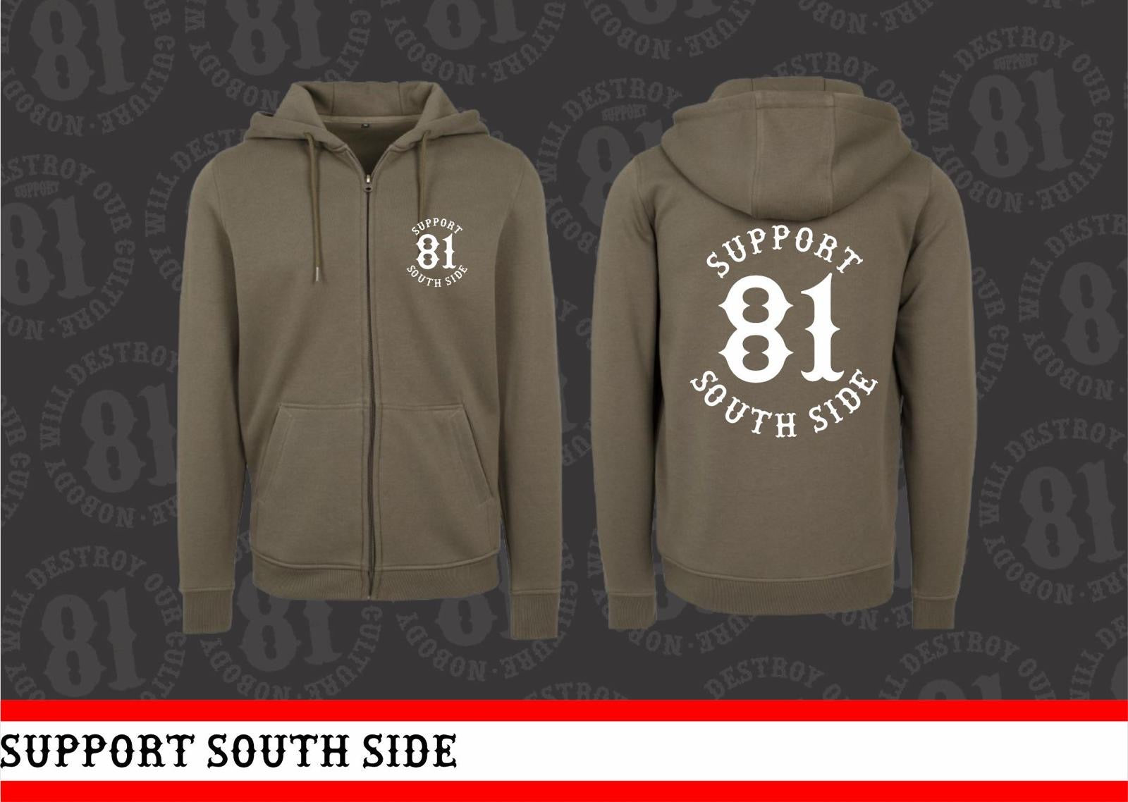 Zip-Hoodie "Support South Side 81" - khaki, weisser Print
