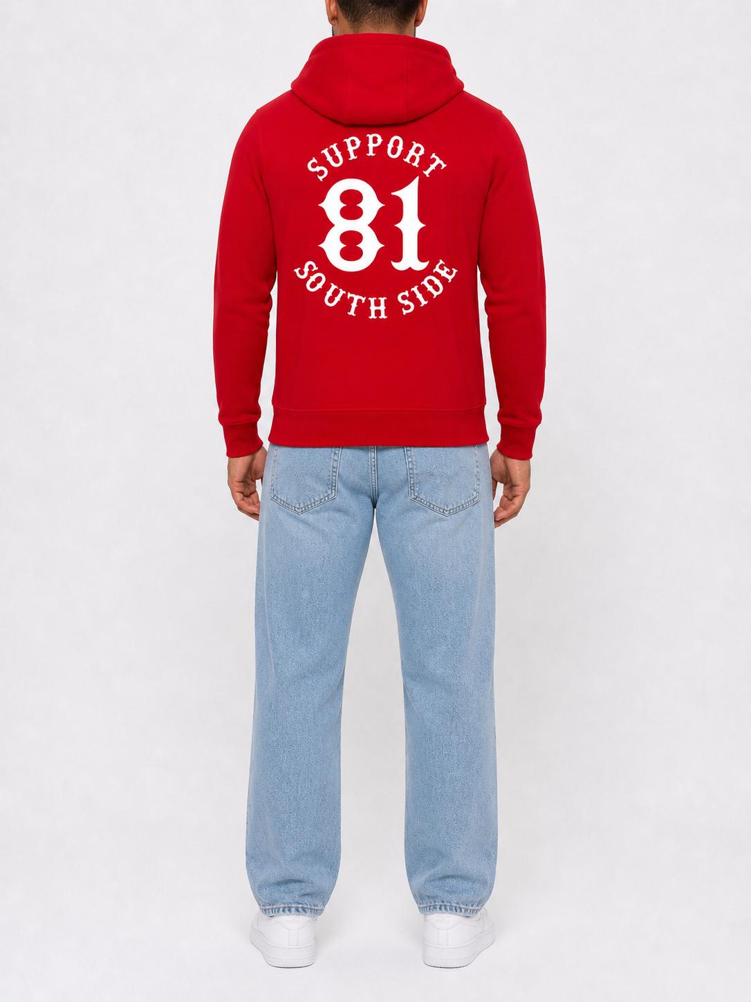 Zip-Hoodie "Support South Side 81" - rot, weisser Print