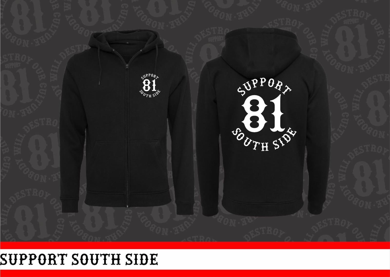 Zip-Hoodie "Support South Side 81" - schwarz, weisser Print