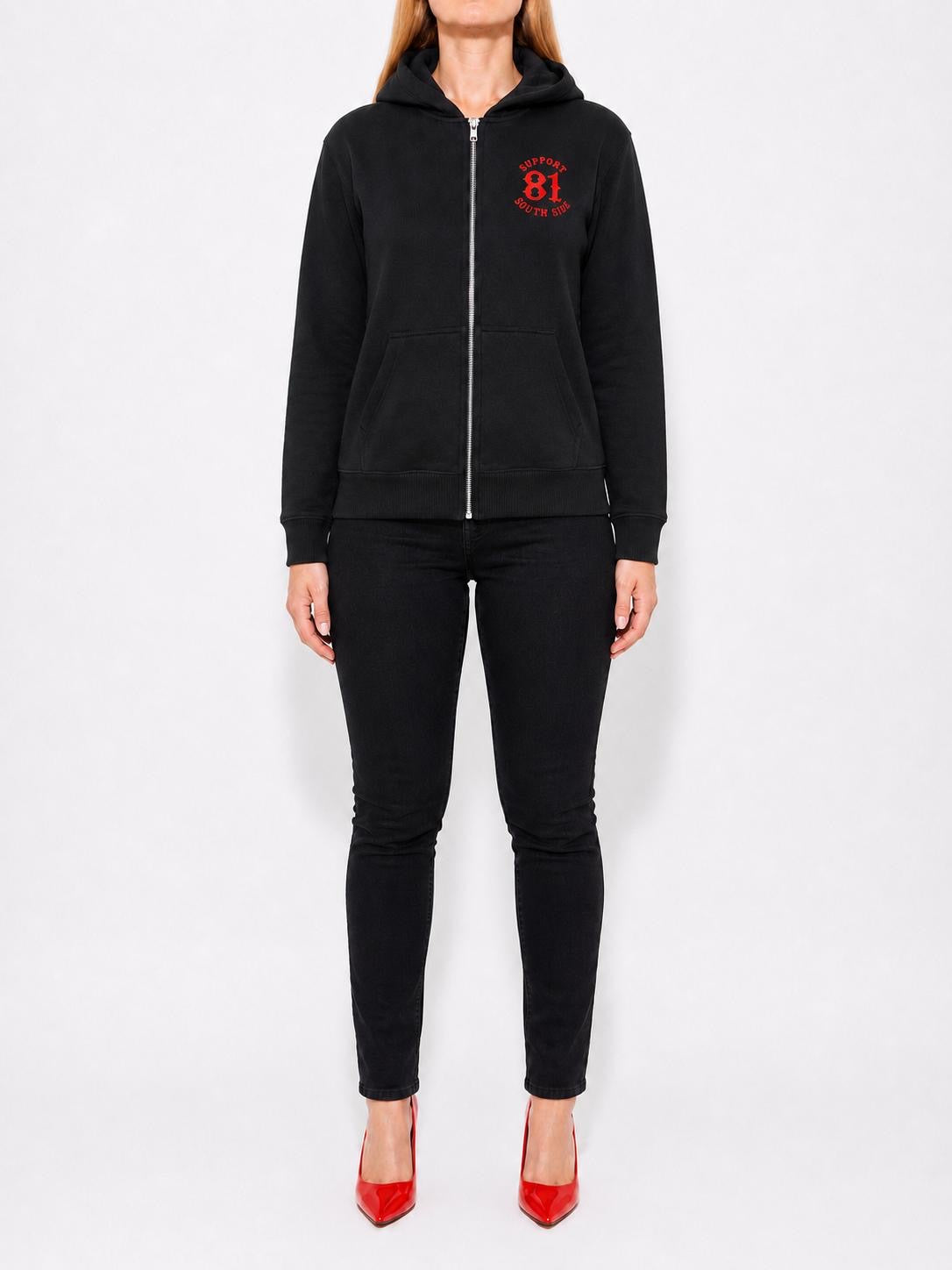 Ladies Zip-Hoodie "Support South Side 81" - schwarz, roter Print
