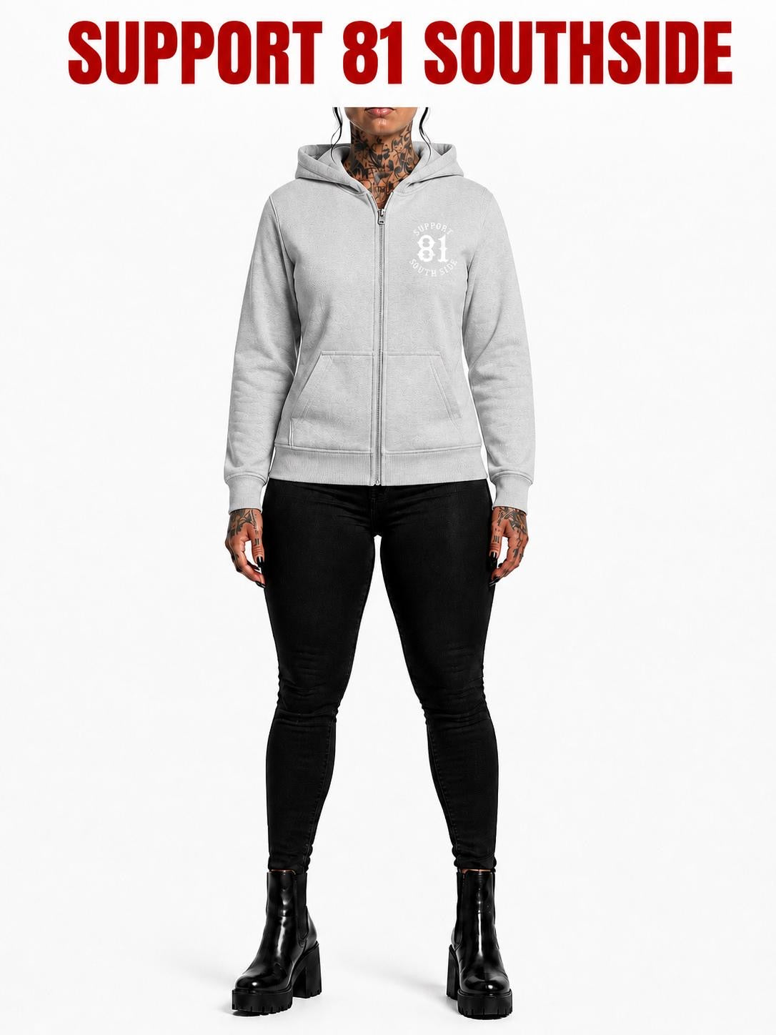Ladies Zip-Hoodie "Support South Side 81" - grau, weisser Print