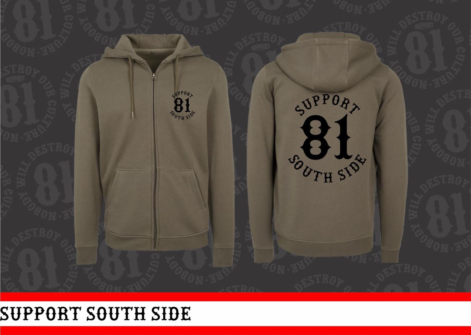 Zip-Hoodie "Support Southside 81" - khaki, schwarzer Print